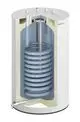 Viessmann Warmwasserspeicher mit zylindrischer Form und spiralförmigem Rohr im Inneren. Das Gerät ist zur Verwendung in stehender Position ausgelegt.